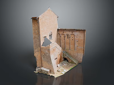 Ancient Brick Building Model Featuring Tower Arches Damaged Section And Stairs 3d model