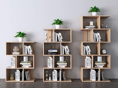 Modern Wooden Bookcases With Multiple Shelves Holding Books Potted Plants And Decorative Items 3d model
