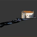 3D Rendered Fortress Structure With Circular Walls Orange Roof And White Building