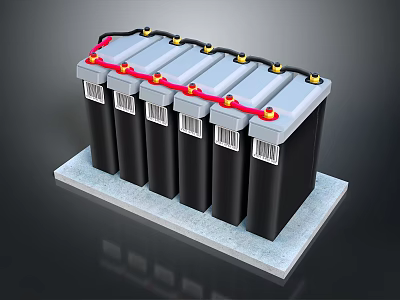 Battery Pack With Multiple Black Cells Red Cables Yellow Terminals On Gray Base 3d model
