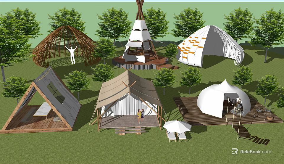 Various Stylish Tents In Outdoor Scenic Setting With Trees And Platforms 3d model 