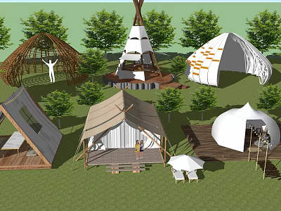Various Stylish Tents In Outdoor Scenic Setting With Trees And Platforms 3d model