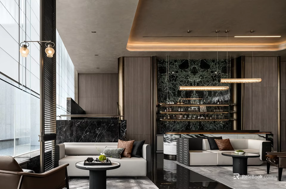 Modern Luxury Leisure Area Featuring Sofa Coffee Table Bar Marble Wall Wooden Elements And Chandeliers 3d model 