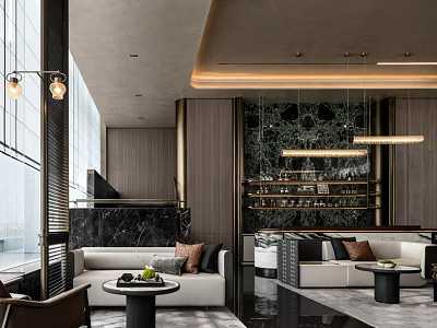 Modern Luxury Leisure Area Featuring Sofa Coffee Table Bar Marble Wall Wooden Elements And Chandeliers 3d model