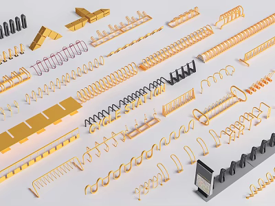 Various Decorative Metal Fence Designs With Spiral Railings And Golden Black Structures 3d model