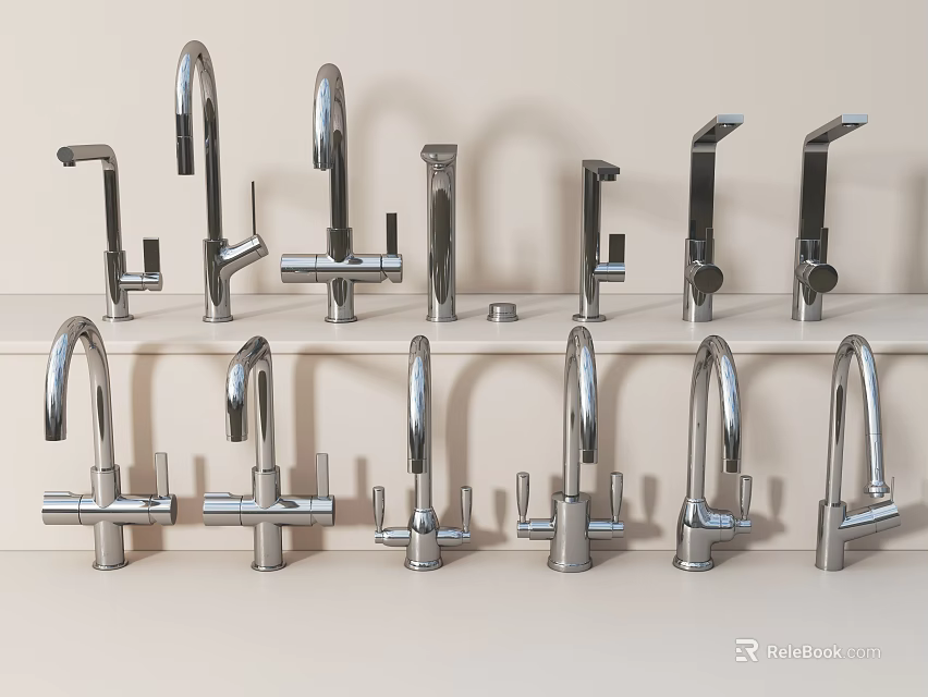 Various Modern Faucets Neatly Arranged On White Display Shelf 3d model