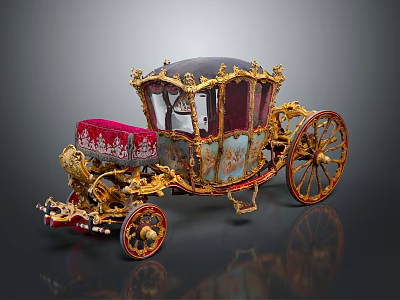 Ornate Vintage Carriage With Gold Decorations And Red Upholstered Seats 3d model