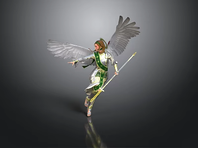 Woman With Large White Wings In Green And White Outfit Holding Staff 3d model