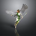 Woman With Large White Wings In Green And White Outfit Holding Staff