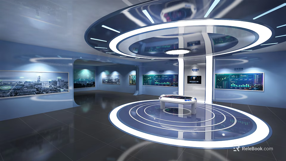 Modern Futuristic Exhibition Hall With Circular Design Central Display Table Wall Screens And Cityscape Visuals 3d model 