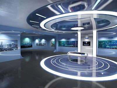Modern Futuristic Exhibition Hall With Circular Design Central Display Table Wall Screens And Cityscape Visuals 3d model