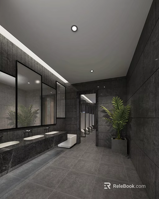 Modern Public Restroom Interior With Gray Tiles Mirrors Washbasins And Green Plant 3d model 
