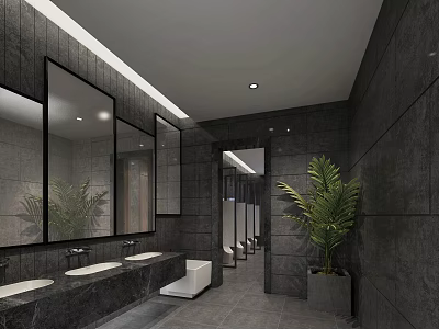 Modern Public Restroom Interior With Gray Tiles Mirrors Washbasins And Green Plant 3d model