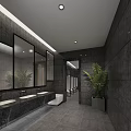 Modern Public Restroom Interior With Gray Tiles Mirrors Washbasins And Green Plant