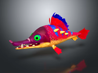 Cartoon Fish Character With Vibrant Red Purple Blue Fins Green Eyes And Sharp Teeth 3d model