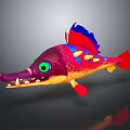 Cartoon Fish Character With Vibrant Red Purple Blue Fins Green Eyes And Sharp Teeth