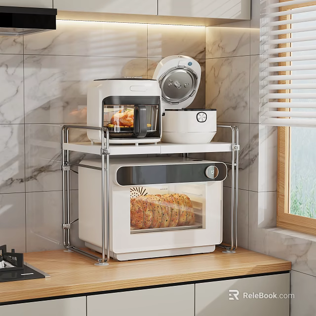 Kitchen Storage Shelf with Air Fryer Rice Cooker and Oven on Countertop by Marble Wall 3d model 