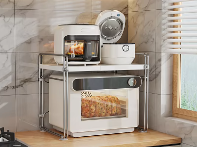 Kitchen Storage Shelf with Air Fryer Rice Cooker and Oven on Countertop by Marble Wall 3d model