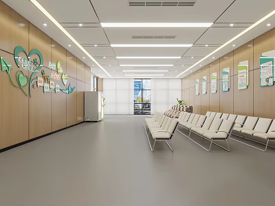 Medical Waiting Room Interior With Wooden Walls Green Plant Decor White Chairs And Linear Lights 3d model