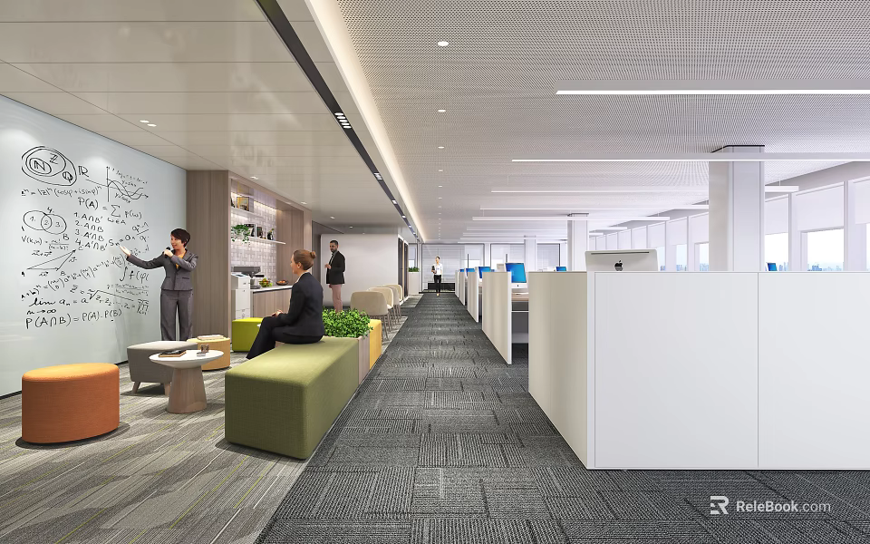 Modern Open Public Office Area Interior With Workstations Whiteboard And Green Plants 3d model 