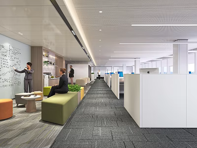 Modern Open Public Office Area Interior With Workstations Whiteboard And Green Plants 3d model