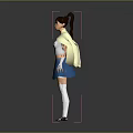 Woman in white top blue skirt white socks black shoes with bun hairstyle light cape