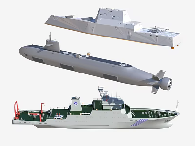 3D Models of Different Warships Including Submarine and Patrol Vessel 3d model