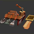 Woodworking Tools Collection Featuring Axe Saw Shovel Rake Broom Wooden Box Stump Trough And Plank