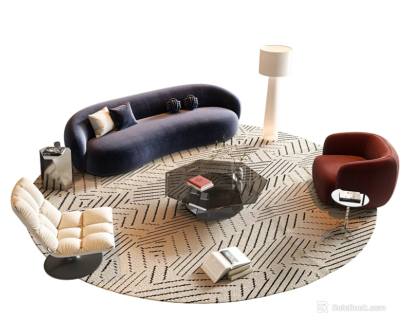 Modern Sofa And Coffee Table Set With Blue Sofa Black Table Red Chair Geometric Rug 3d model 