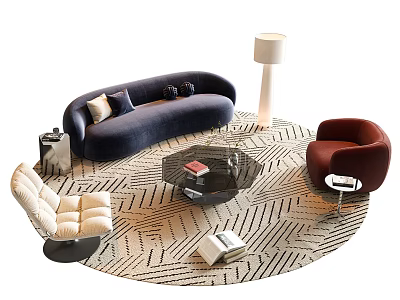 Modern Sofa And Coffee Table Set With Blue Sofa Black Table Red Chair Geometric Rug 3d model