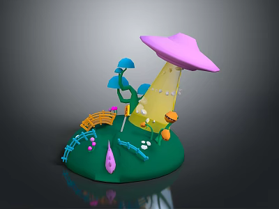 Playful 3D Scene With Green Base Pink Mushroom Yellow Stem Blue Trees And Colorful Bridge 3d model