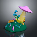 Playful 3D Scene With Green Base Pink Mushroom Yellow Stem Blue Trees And Colorful Bridge