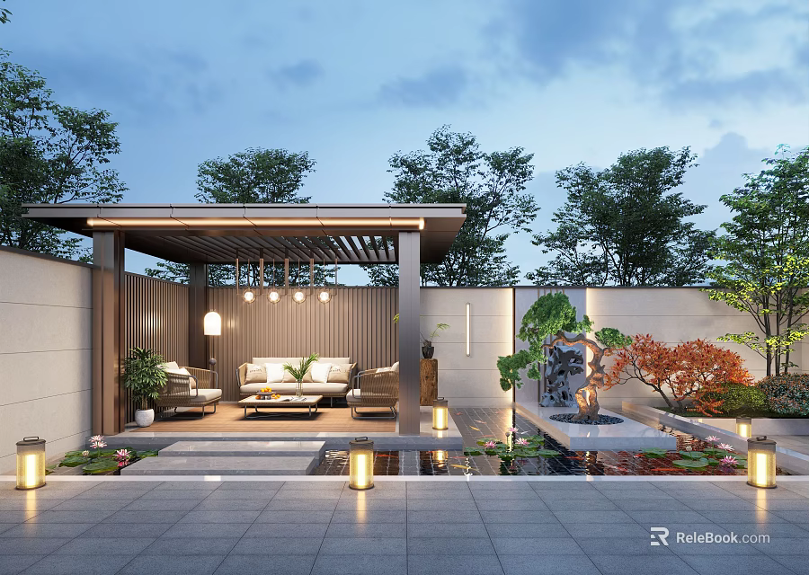 Garden Landscape Design With Pergola Seating Area Water Fountain Green Plants And Outdoor Lighting 3d model 