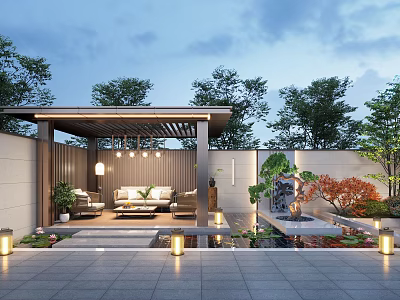Garden Landscape Design With Pergola Seating Area Water Fountain Green Plants And Outdoor Lighting 3d model