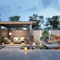Garden Landscape Design With Pergola Seating Area Water Fountain Green Plants And Outdoor Lighting