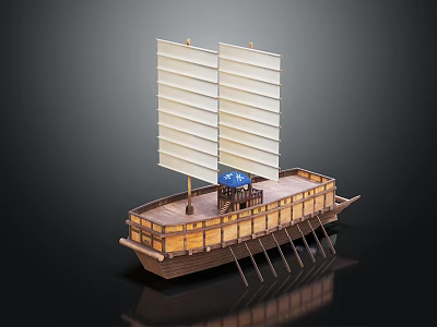 Sailboat Model With Wooden Hull Two White Sails Blue Deck And Oars 3d model
