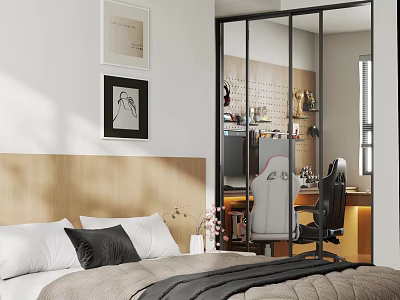 Modern Minimalist Double Bed Bedroom With Glass Partition Separated Private Home Gaming Work Space 3d model