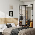 Modern Minimalist Double Bed Bedroom With Glass Partition Separated Private Home Gaming Work Space
