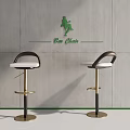 Two Modern Bar Stools In Bar Setting With White Seats Black Gold Frames 3d model