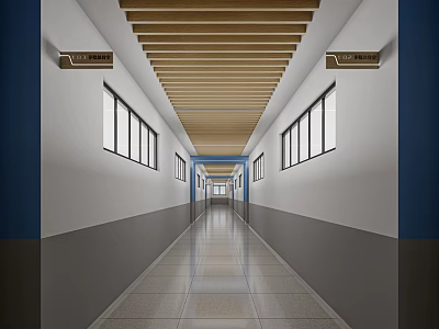 Elevator Corridor Interior Design With Wooden Ceiling Windows And Lighting Elements 3d model