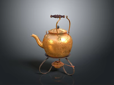 Vintage Gold Hammered Teapot On Metal Stand For Daily Household Use 3d model