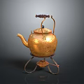 Vintage Gold Hammered Teapot On Metal Stand For Daily Household Use