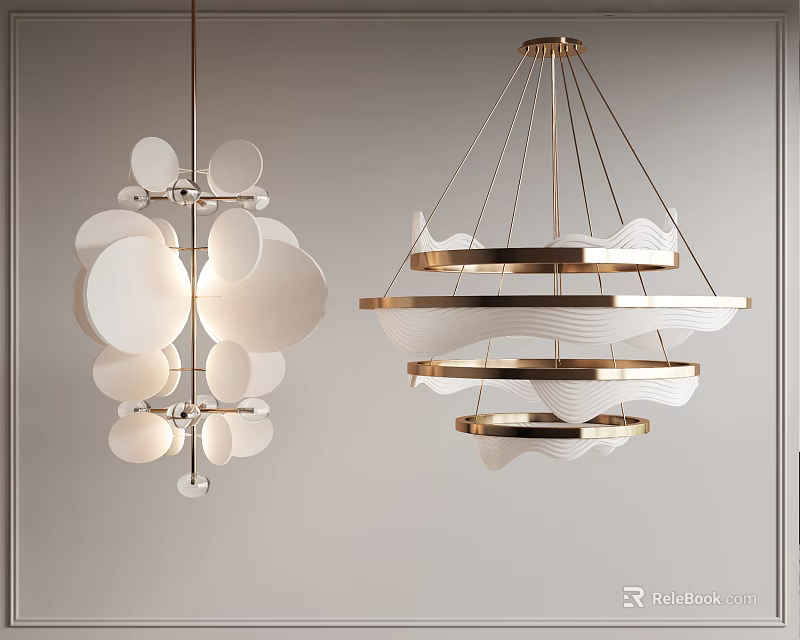 Modern Interior Featuring Elegant Chandeliers With White Circular Elements And Multi Layer Wavy Design 3d model