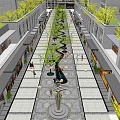 Modern Commercial Pedestrian Street With Trees Shops And Central Sculpture