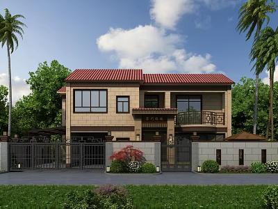 Detached Villa With Red Tile Roof Brown Beige Exterior Windows Balcony Greenery Palm Trees Lawn Blue Sky White Clouds 3d model