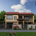Detached Villa With Red Tile Roof Brown Beige Exterior Windows Balcony Greenery Palm Trees Lawn Blue Sky White Clouds