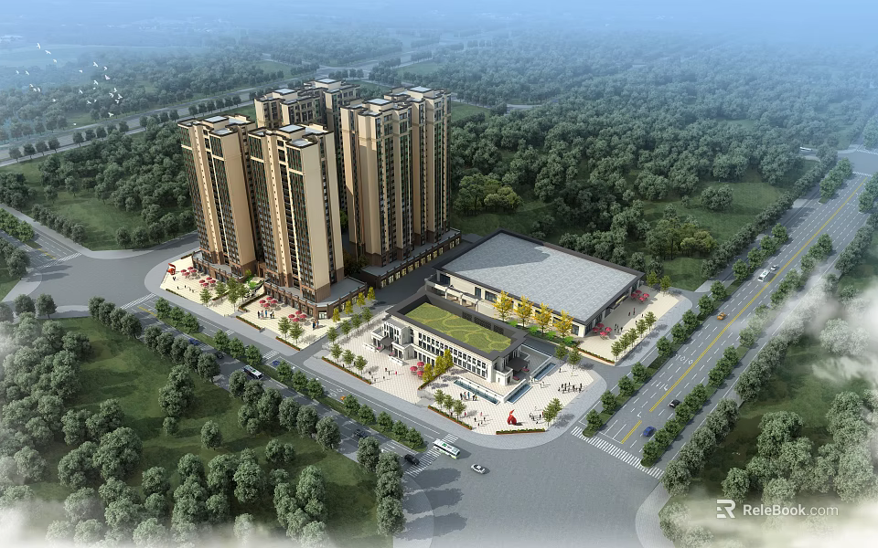 Aerial View of Residential Complex Planning With High Rise Buildings Commercial Area and Green Landscaping 3d model 