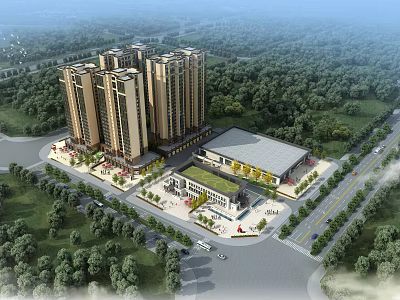 Aerial View of Residential Complex Planning With High Rise Buildings Commercial Area and Green Landscaping 3d model
