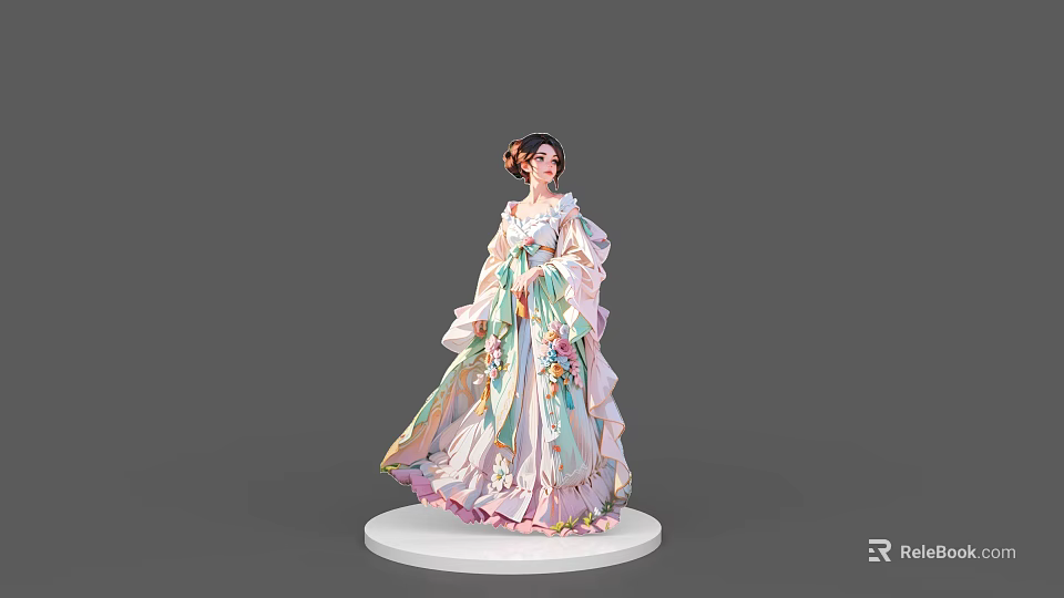 Elegant Game and Movie Character in Floral Long Dress with Updo Hairstyle on White Pedestal 3d model 