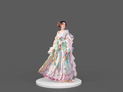 Elegant Game and Movie Character in Floral Long Dress with Updo Hairstyle on White Pedestal 3d model